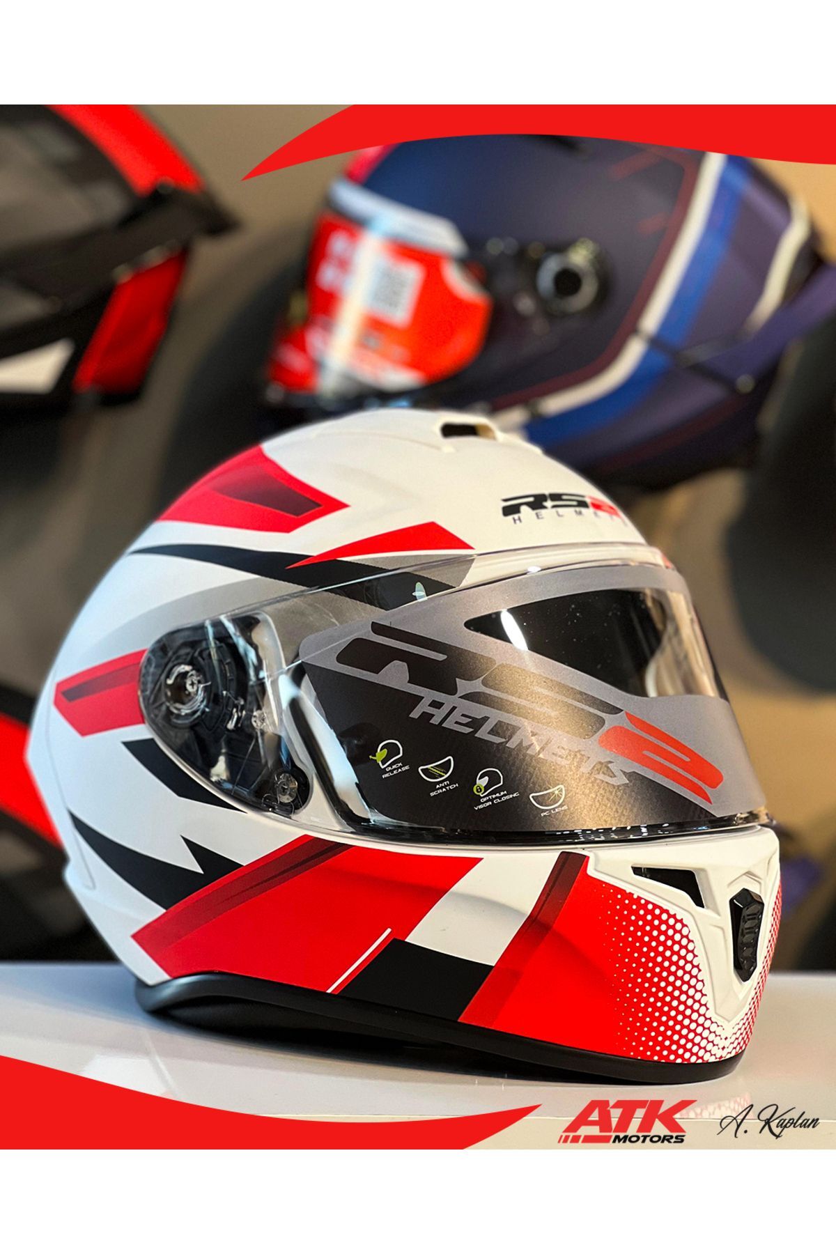 RS2 Kask Kapalı Kasklar Full Face Kasklar Tasarımlı Tam Kask Kırmızı Beyaz