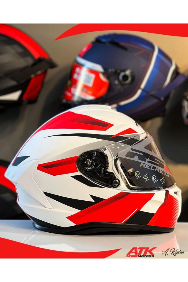 RS2 Kask Kapalı Kasklar Full Face Kasklar Tasarımlı Tam Kask Kırmızı Beyaz