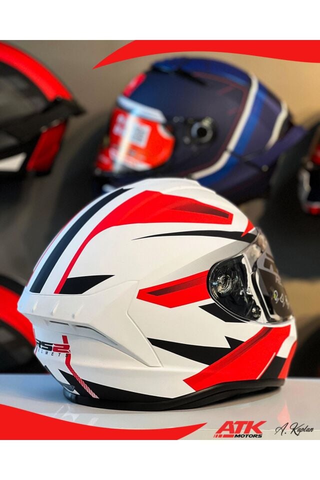 RS2 Kask Kapalı Kasklar Full Face Kasklar Tasarımlı Tam Kask Kırmızı Beyaz