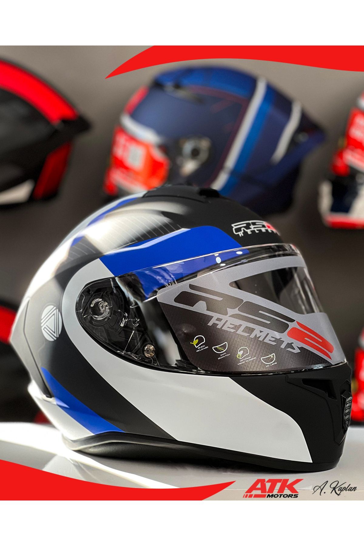 RS2 Kask Kapalı Kasklar Full Face Kasklar Tasarımlı Tam Kask Mavi Siyah