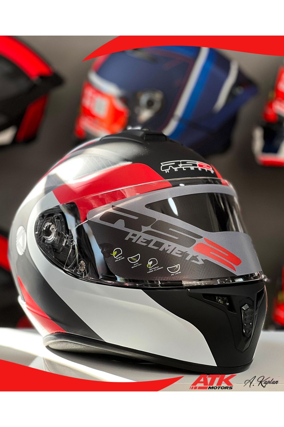 RS2 Kask Kapalı Kasklar Full Face Kasklar Tasarımlı Tam Kask Kırmızı Mavi