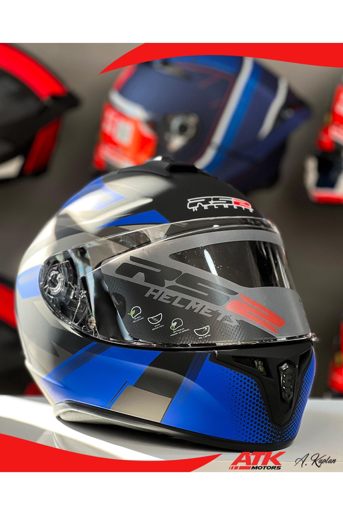 RS2 Kask Kapalı Kasklar Full Face Kasklar Tasarımlı Tam Kask Siyah Mavi