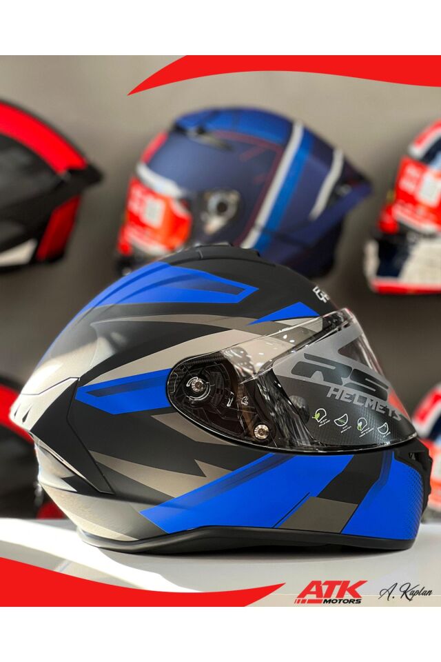 RS2 Kask Kapalı Kasklar Full Face Kasklar Tasarımlı Tam Kask Siyah Mavi