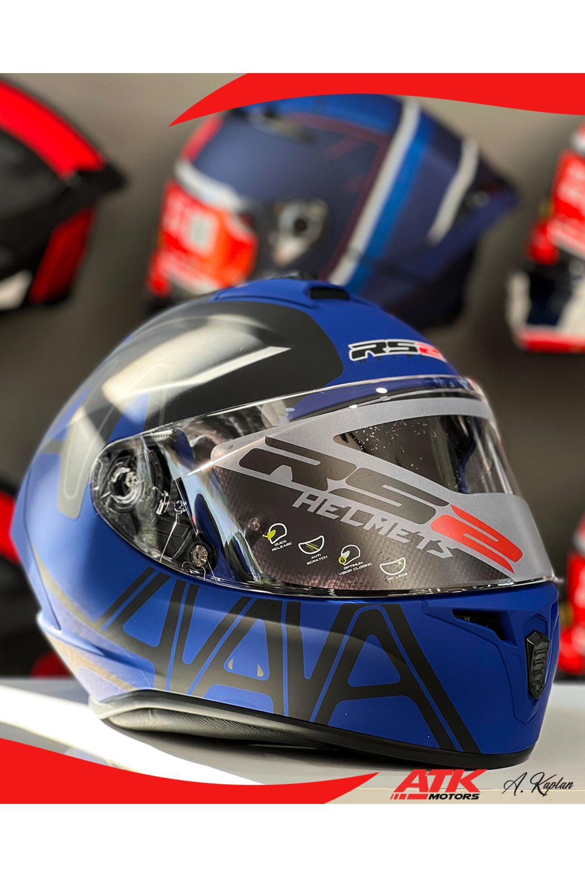 RS2 Kask Kapalı Kasklar Full Face Kasklar Tasarımlı Tam Kask Mavi