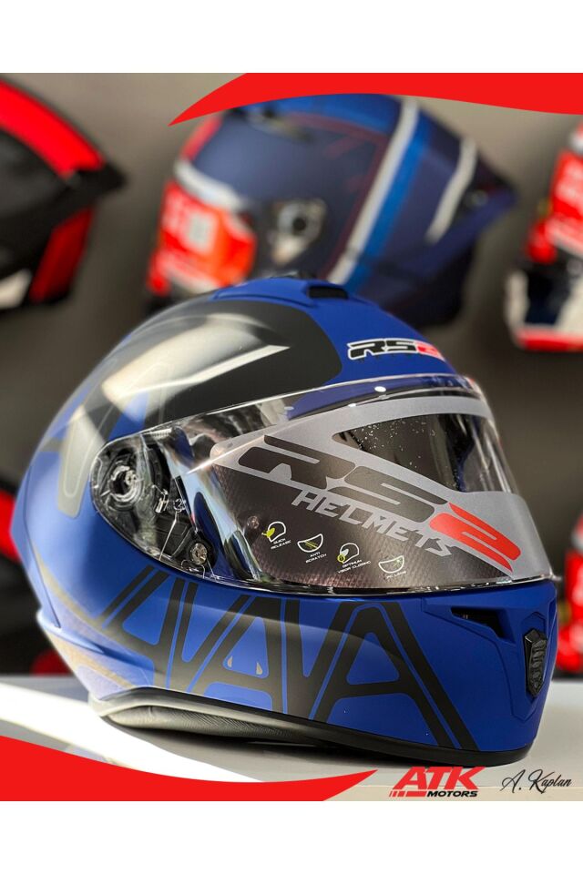 RS2 Kask Kapalı Kasklar Full Face Kasklar Tasarımlı Tam Kask Mavi