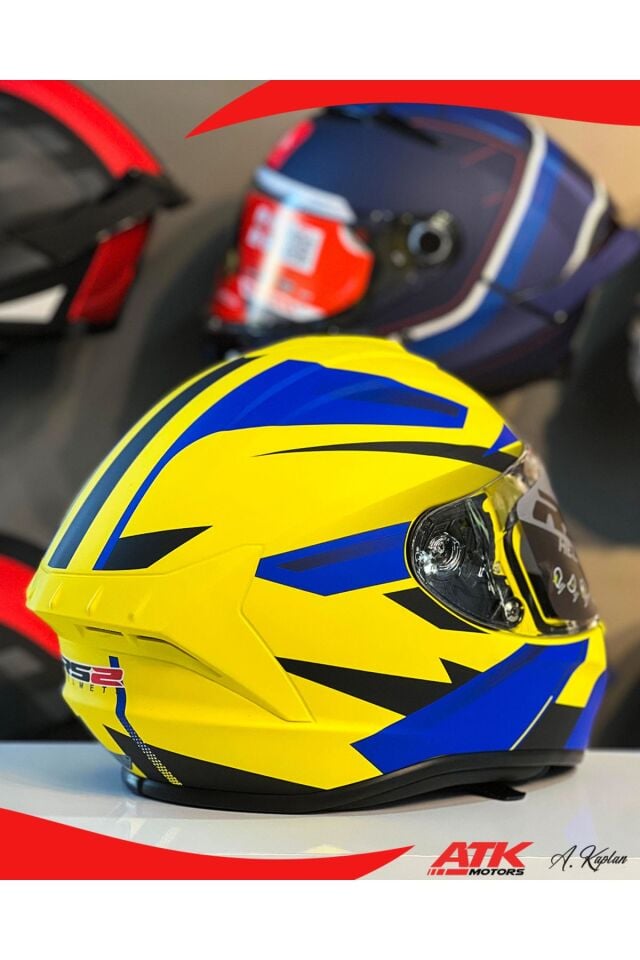 RS2 Kask Kapalı Kasklar Full Face Kasklar Tasarımlı Tam Kask Sarı Lacivert