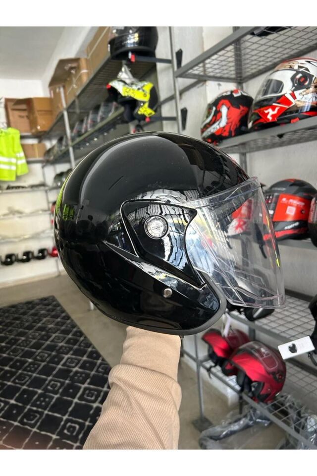 YARIM MOTORSİKLET KASKI PARLAK SİYAH
