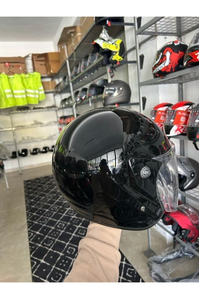 Kask Yarım Yazlık Motosiklet Kaskı Açık Kask Parlak Siyah A- Kalite