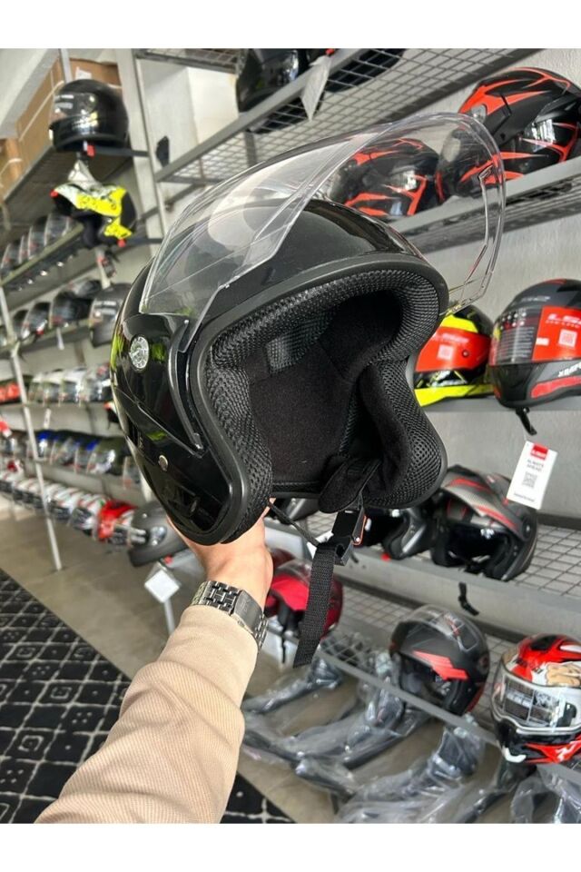 Kask Yarım Yazlık Motosiklet Kaskı Açık Kask Parlak Siyah A- Kalite