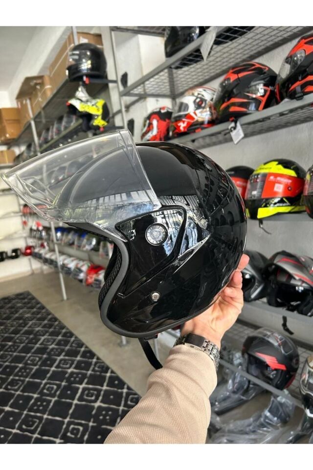 Kask Yarım Yazlık Motosiklet Kaskı Açık Kask Parlak Siyah A- Kalite