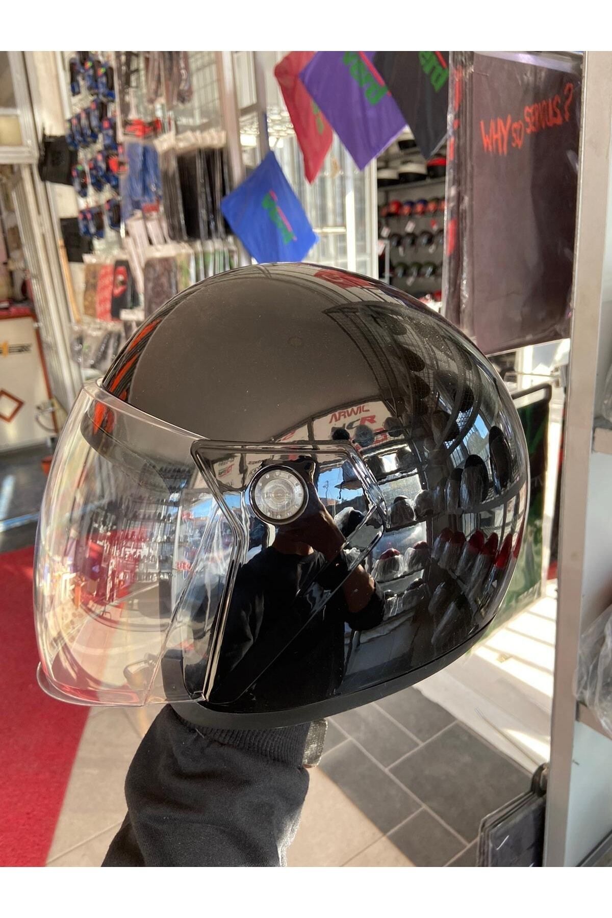 Motorsiklet Yazlık Yarım Kask 1 Sınıf Kalite Parlak Siyah