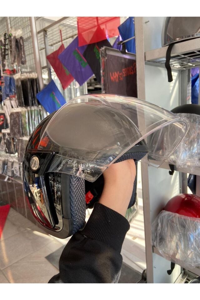 Motorsiklet Yazlık Yarım Kask 1 Sınıf Kalite Parlak Siyah