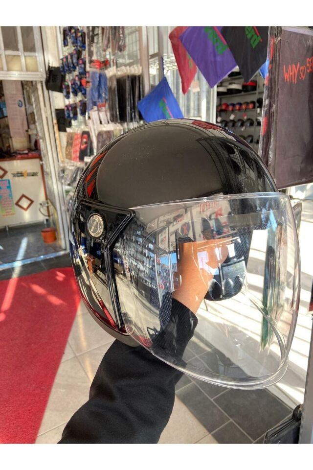 Motorsiklet Yazlık Yarım Kask 1 Sınıf Kalite Parlak Siyah