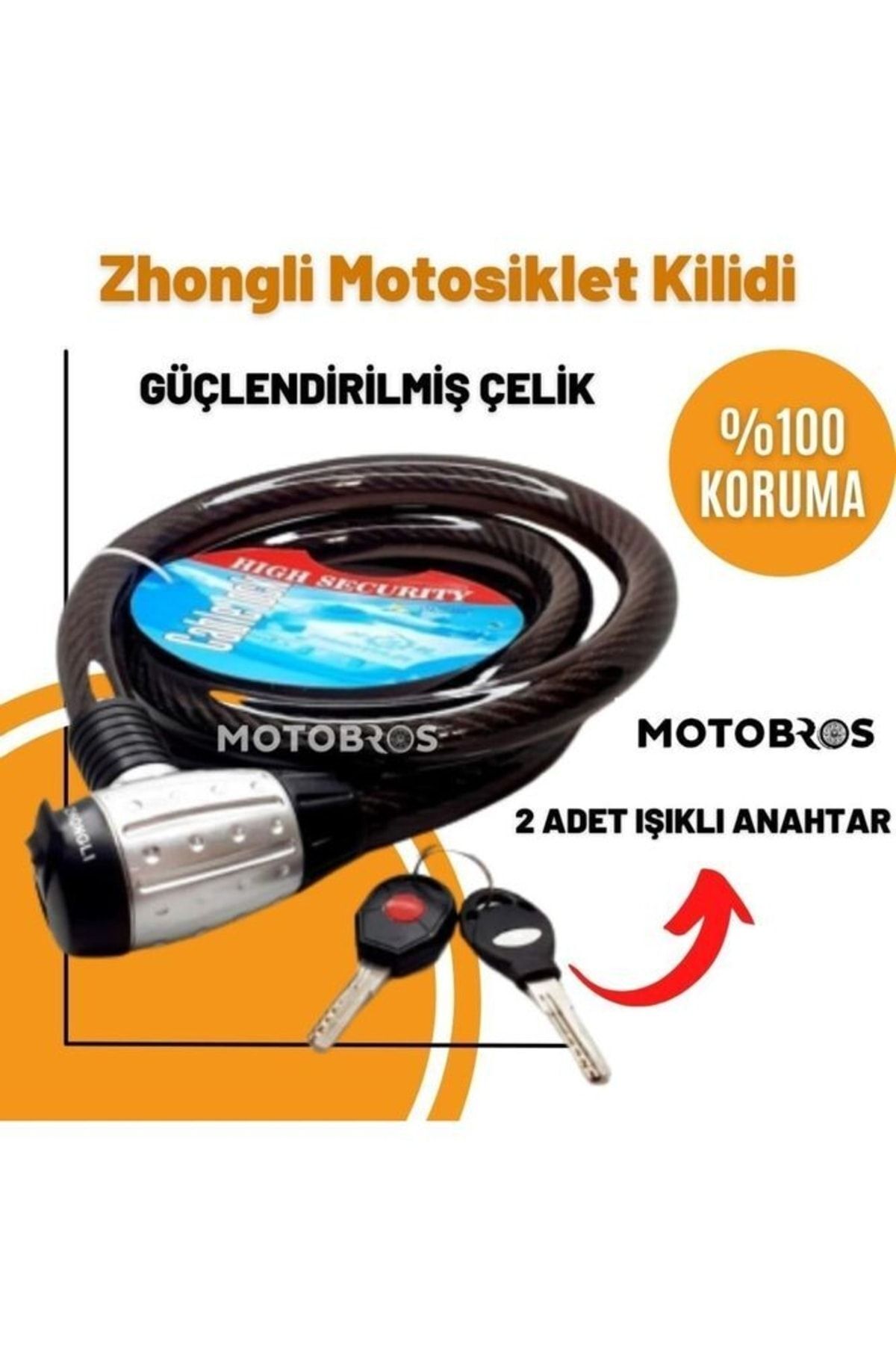 Motosiklet Kilidi Çelik Güçlendirilmiş Halat Zincir Kilit 25x200 (ışıklı Kilit) 2 Metre