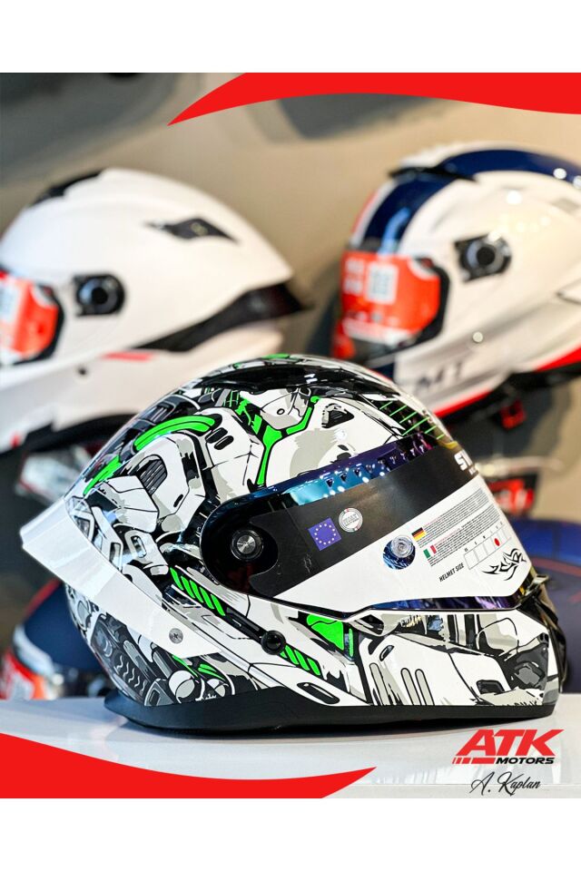 850 Yeşil Tasarımlı Fullface Kask Motosiklet Kaskları Kapalı Kasklar İridyum Vizör Yeşil Beyaz - 2XL