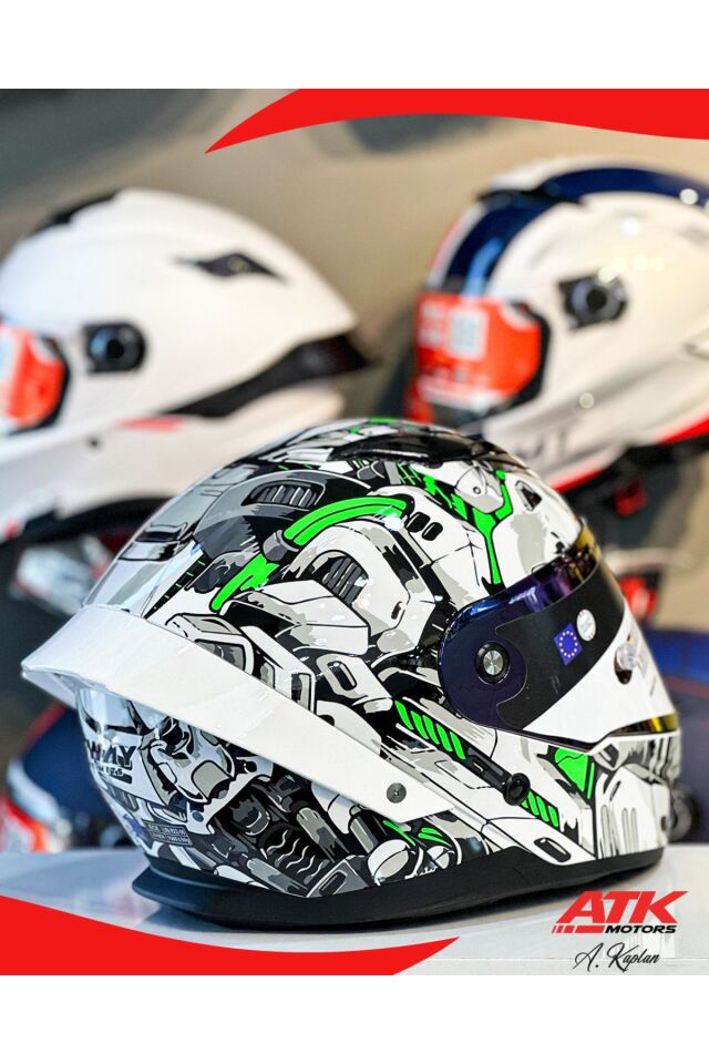 850 Yeşil Tasarımlı Fullface Kask Motosiklet Kaskları Kapalı Kasklar İridyum Vizör Yeşil Beyaz - 2XL