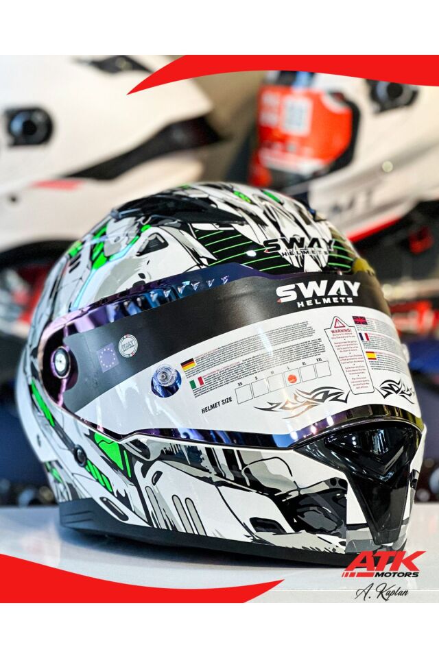 850 Yeşil Tasarımlı Fullface Kask Motosiklet Kaskları Kapalı Kasklar İridyum Vizör Yeşil Beyaz - 2XL