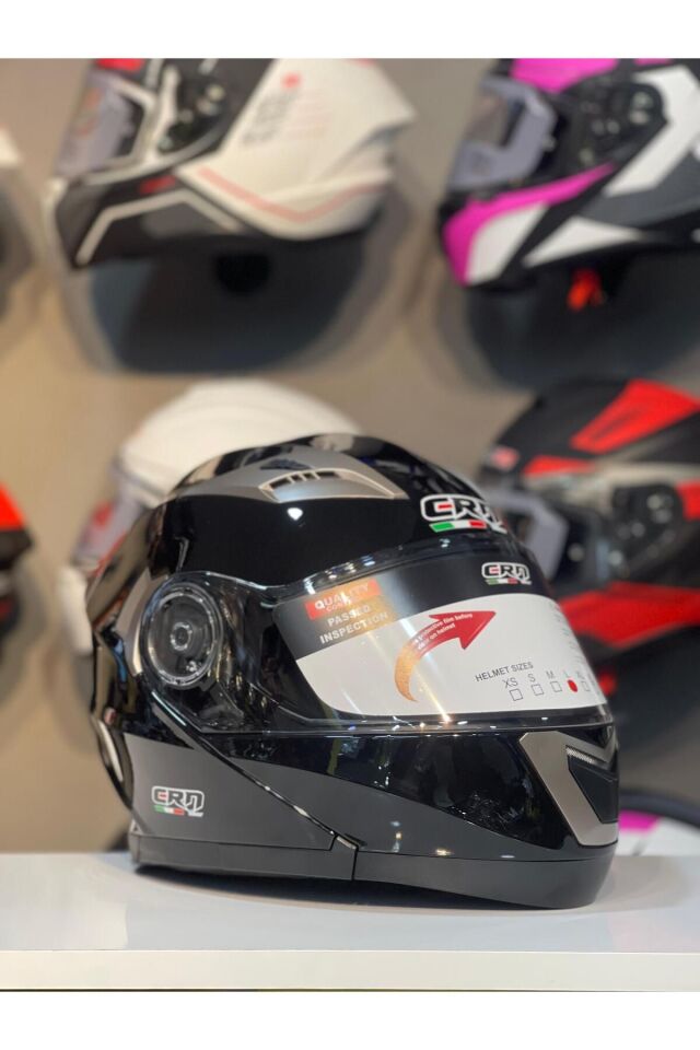 CRN 925 Çene Açılır Kask Motosiklet Kaskı Parlak Siyah - M