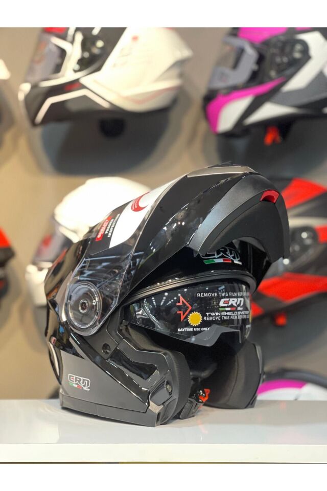 CRN 925 Çene Açılır Kask Motosiklet Kaskı Parlak Siyah - M