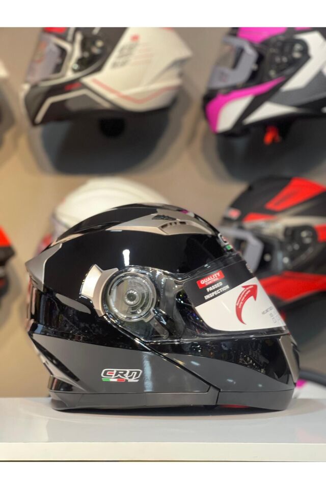 CRN 925 Çene Açılır Kask Motosiklet Kaskı Parlak Siyah - M