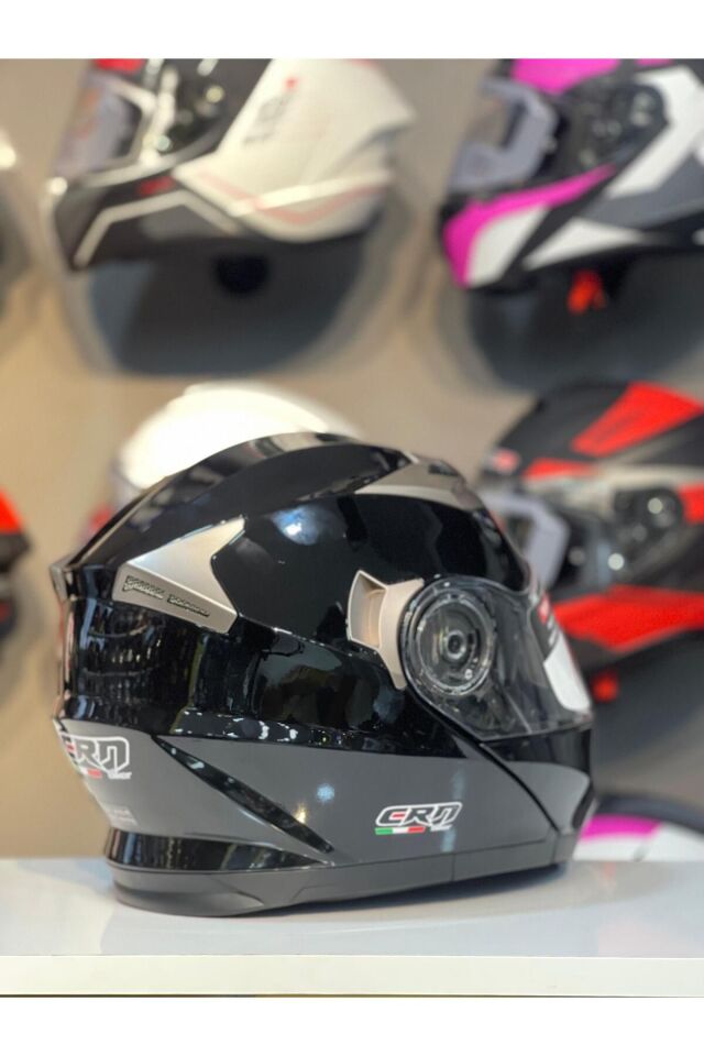 CRN 925 Çene Açılır Kask Motosiklet Kaskı Parlak Siyah - M
