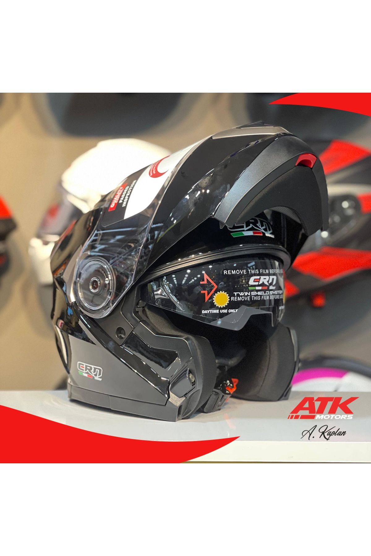 CRN 925 Çene Açılır Kask Motosiklet Kaskı Parlak Siyah - M